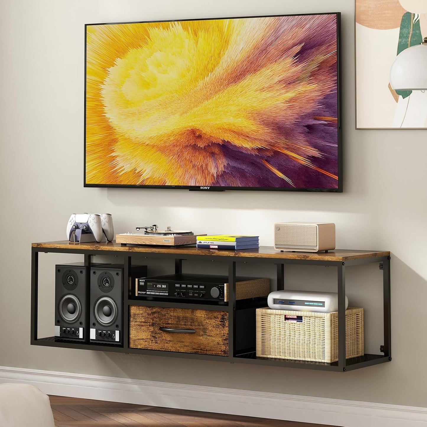 Floating Wall TV Stand, Wall Mounted TV Stand with Storage Cabinet, Wall Mounted TV Cabinet Entertainment Television Center for TV up to 50 Inch, for Living Room, Bedroom, Metal, Black