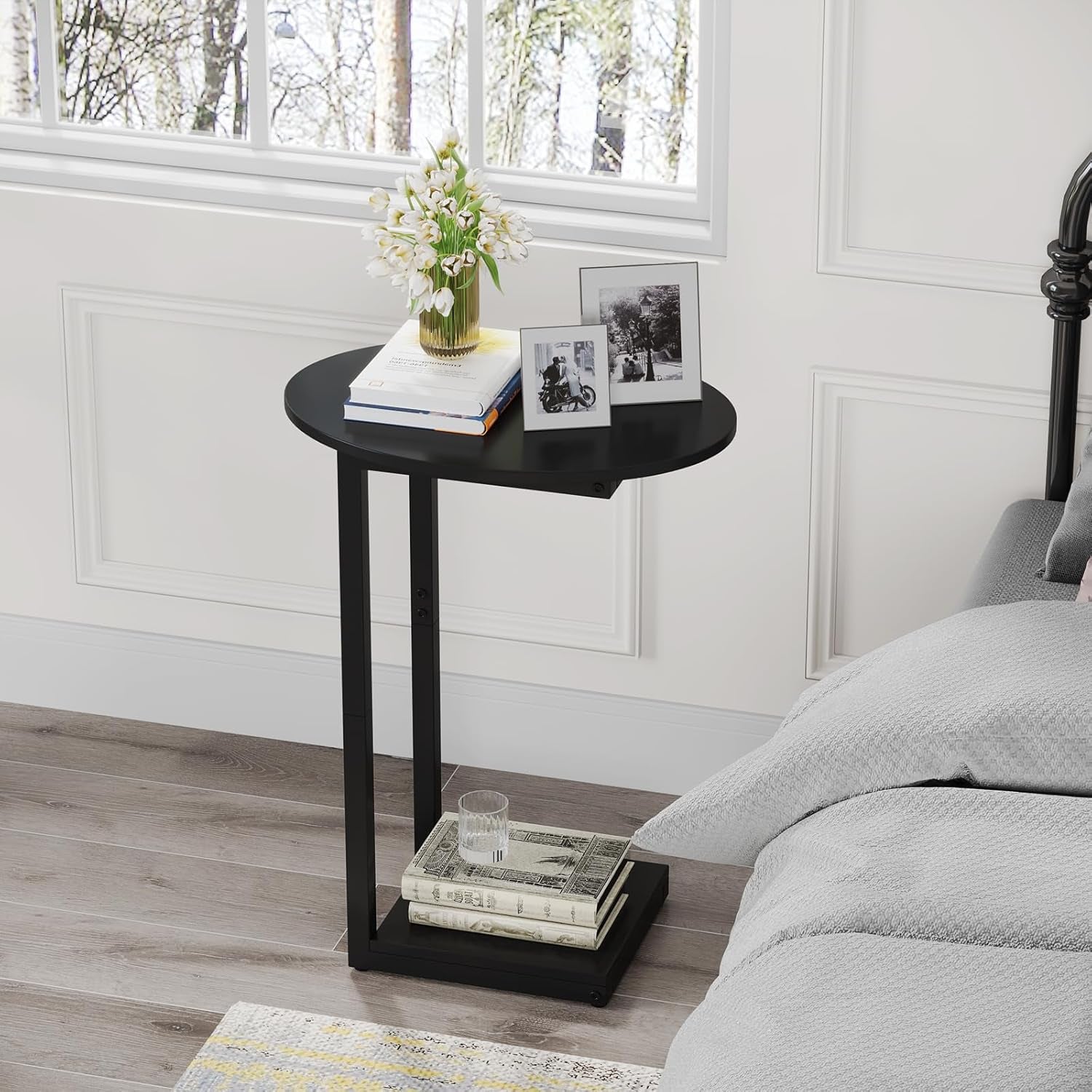 Small Side Table End Table, C-Shaped Wood Coffee Table TV Tray for Eating Couch Tables for Small Space, Living Room, (Black)