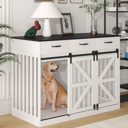 Large Dog Crate Furniture with Sliding Barn Door, 48" Wooden Dog Kennel Indoor End Side Table for Home Decor, Removable Divider, 3 Drawers, Furniture Style Dog Crate TV Stand