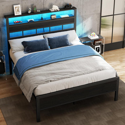 Full Size Bed Frame with LED Light and Charging Station, Wood Storage Headboard with 2-Tier Shelves, Metal Platform Bed with Heavy Duty Slats Support, No Box Spring Needed, Black Oak