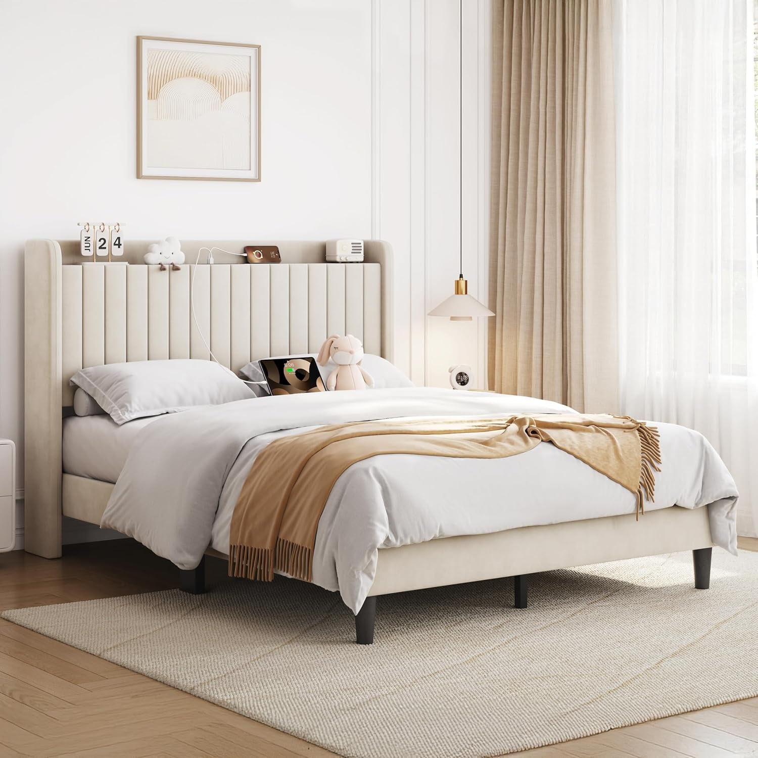 Queen Bed Frame with USB Charging Station and Storage Shelf/Upholstered Headboard Platform Bed with Wing Side/Wooden Slats Support/Noise Free/No Box Spring Needed/Easy Assembly, Ivory