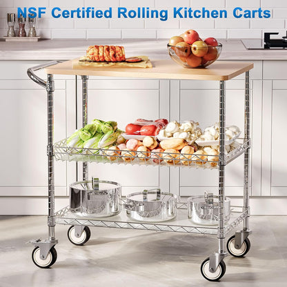 Rolling Kitchen Carts with Wheels, 34" L X 17.5" W, 3-Tier Heavy Duty Utility Cart with Wood Tabletop, NSF Commercial Metal Serving Cart with Handle and Shelf Liner for Kitchen, Chrome