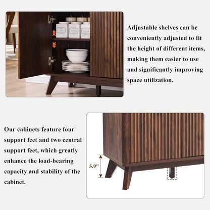 Fluted Buffet Sideboard Cabinet with Storages, 60" Large Modern Buffet Table Coffee Bar Wine Bar Storage Cabinet with 3 Drawers & 4 Doors for Dining Room, Living Room, Hallway(Dark Walnut)