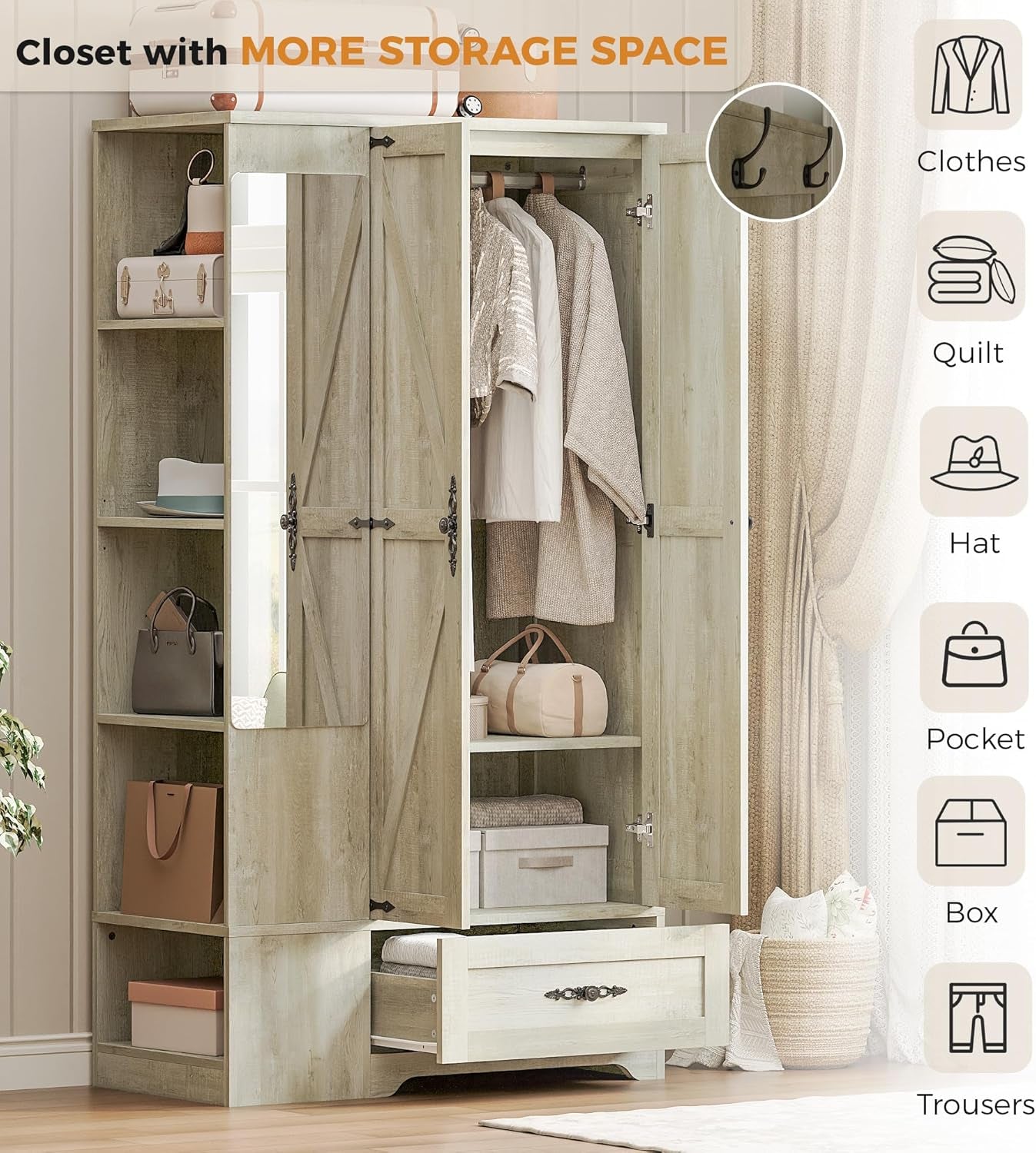 Armoire Wardrobe Closet with Mirror, 70" H Wooden Bedroom Armoires and Wardrobes with 2 Doors, 5 Shelves，Hooks and Drawer, Clothing Storage Cabinet with Hanging Rod, Rustic Maple