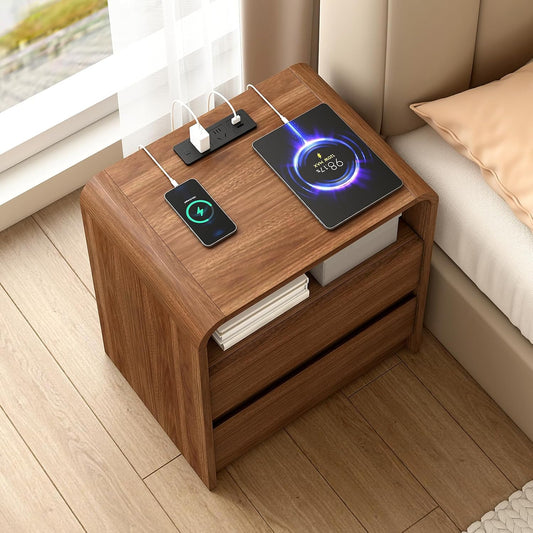23.6" Walnut Nightstand Set of 2 with Charging Station, Anti-Collision Mid Century Modern Bedside Table with 500 LB Capacity, Soft Close Drawers Night Stand with Hidden Storage for Bedroom
