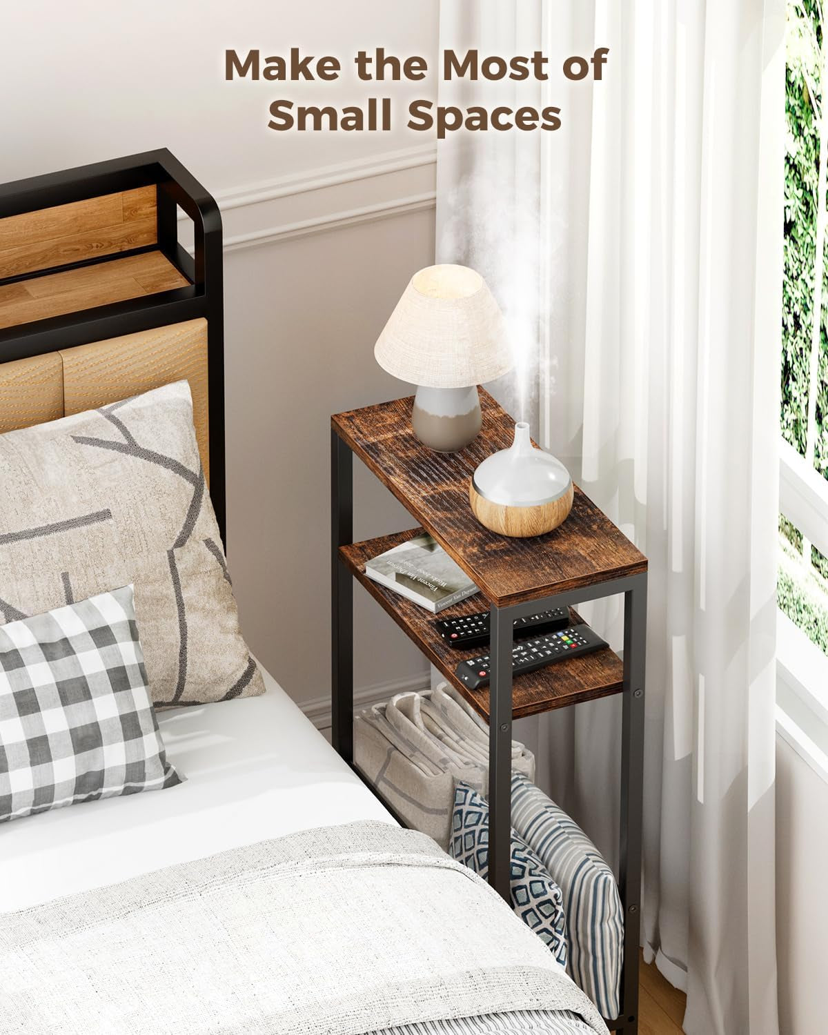 Narrow Side Table, Skinny End Table for Small Spaces with Storage, 3-Tier Slim Wooden Bedside Nightstand Thin Couch Table for Living Room Bedroom Office Dorm Kitchen Bathroom (Rustic Brown)