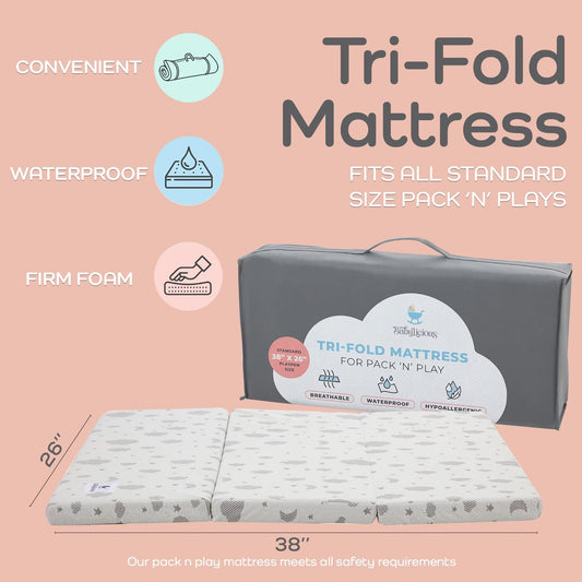 Waterproof Pack and Play Mattress Topper | 38" X 26" X 1.5" | Trifold Style - Breathable Soft Plush Foam - Portable Mattress Topper- Baby Foam Mattresses for Babies