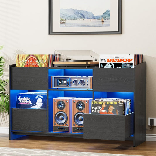 Large Record Player Stand with Vinyl Record Storage Drawers, Record Player Cabinet with 3 Color Lights and Human Body Sensing, Turntable Stand, Record Stands for Music Room, Living Room, Black
