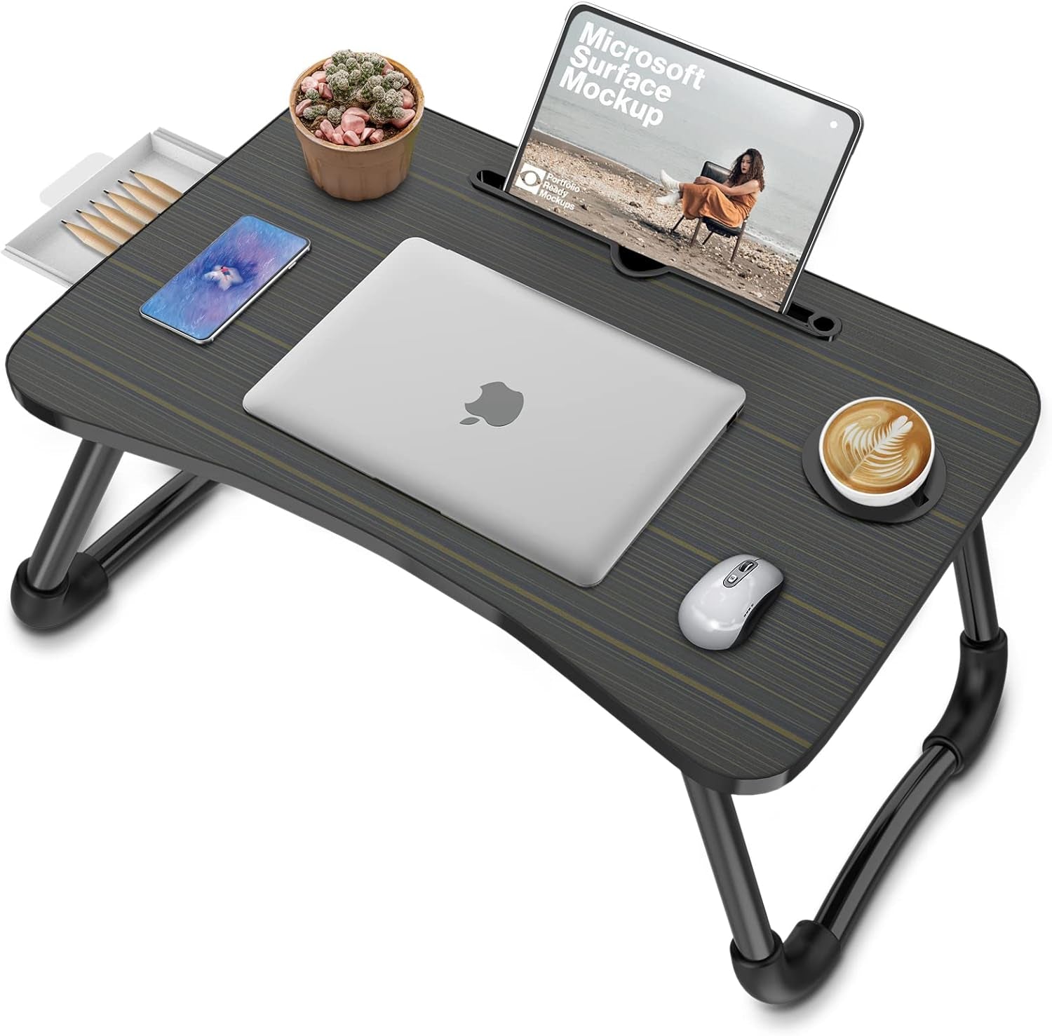Foldable Laptop Bed Table Multi-Function Lap Serving Tray Dining Table with Storage Drawer and Water Bottle Holder, Slot for Eating, Working on Couch/Sofa (Arc Shape)