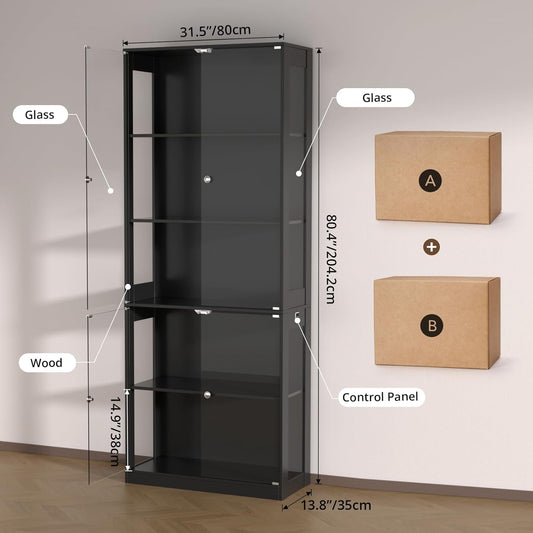 80'' Display Cabinet with Glass Door, 5-Tier Curio Cabinet for Collectibles Trophy, Glass Display Case with Human Body Sensor, 3 Color Lights, Bookcase Storage Cabinets for Living Room, Study