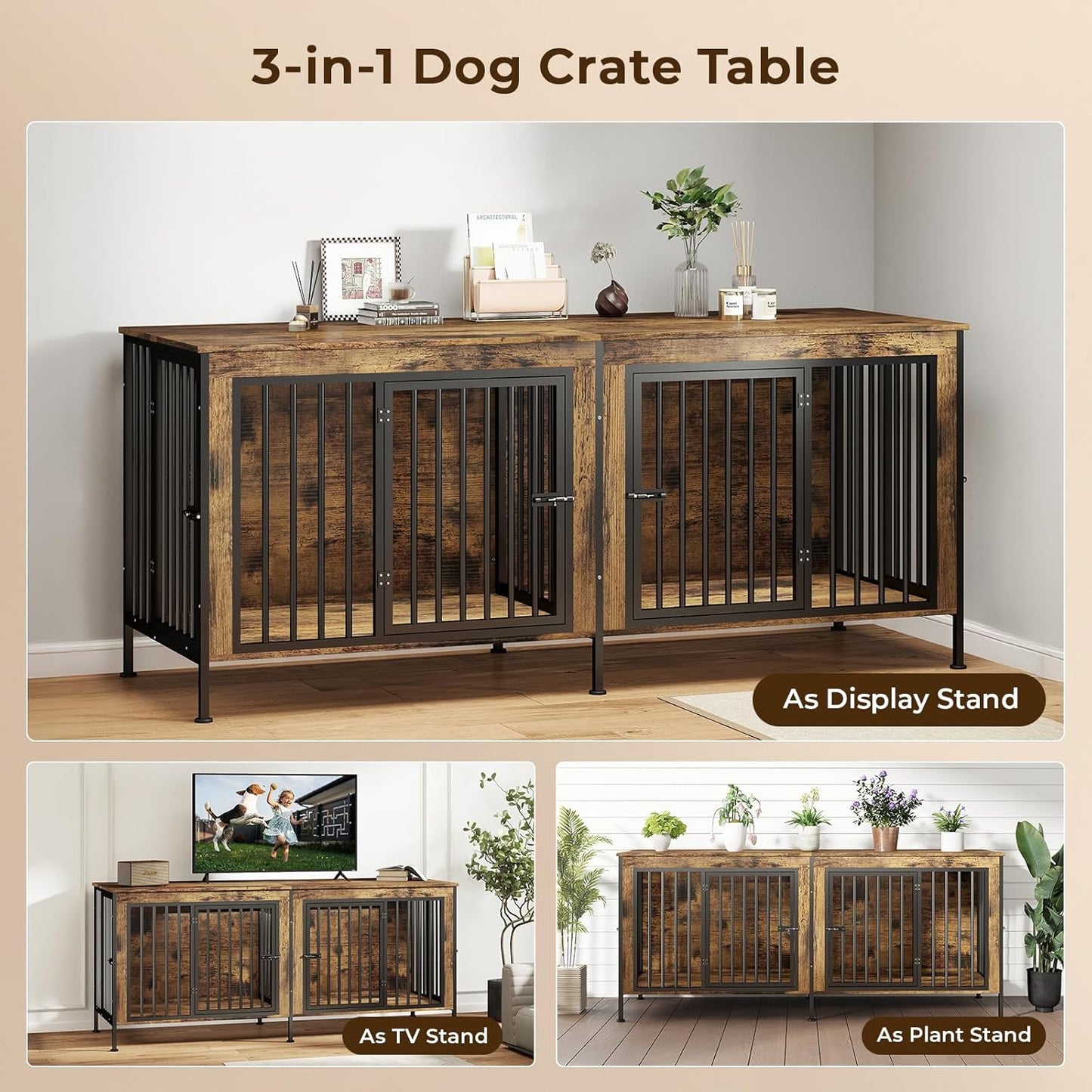 Dog Crate Furniture for 2 Large Dogs – 78" XXL Double Dog Kennel with Divider, Extra Large Wooden Dog Cage TV Stand, Heavy Duty Indoor Dog House, Pre-Assembled, Brown