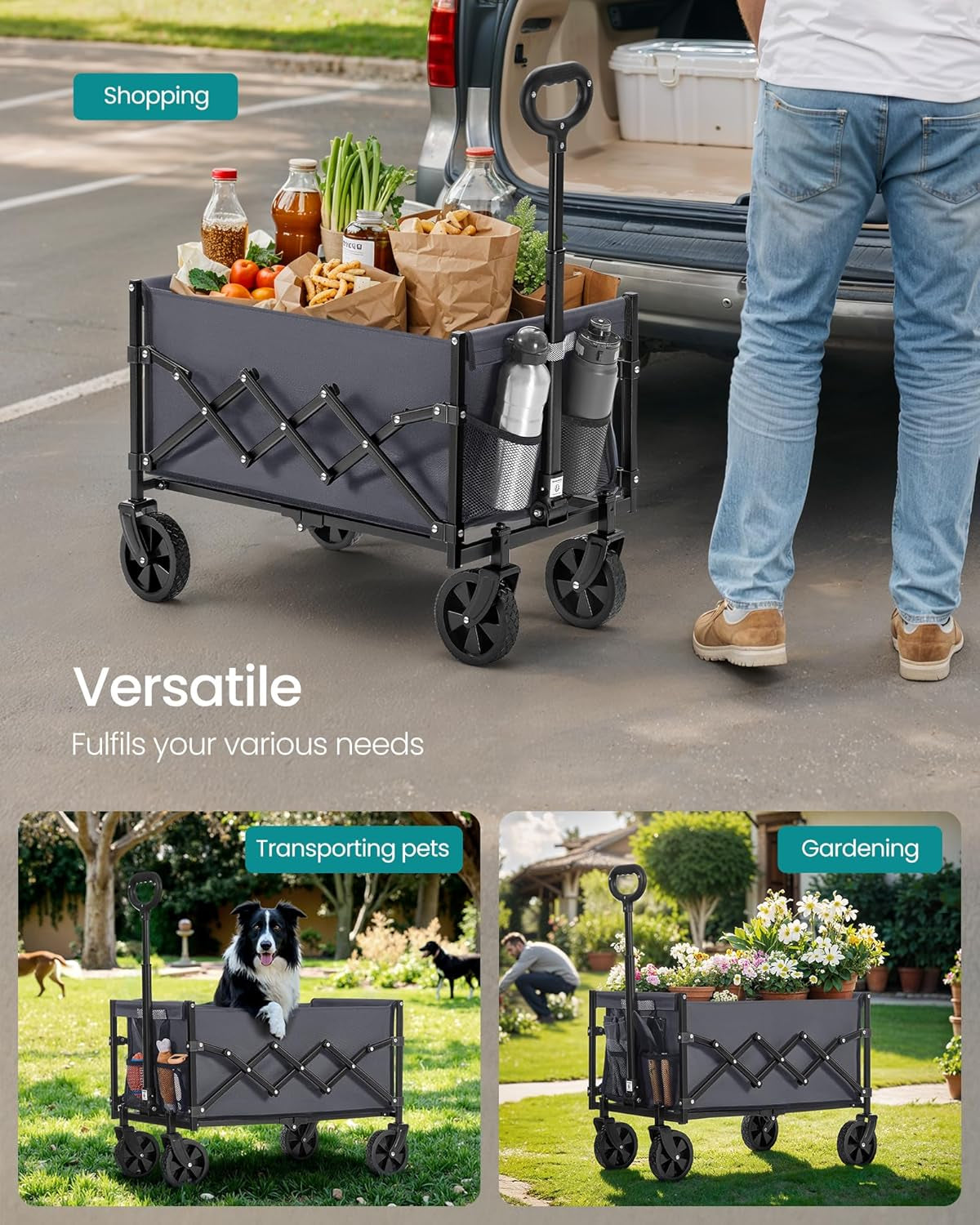 Small Collapsible Wagon with 400 Lb Dynamic Weight Capacity, Foldable Wagon Cart, Folding Camp Cart with Wheels, for Outdoor, Yard, 90 L, Slate Gray UGFW909G01