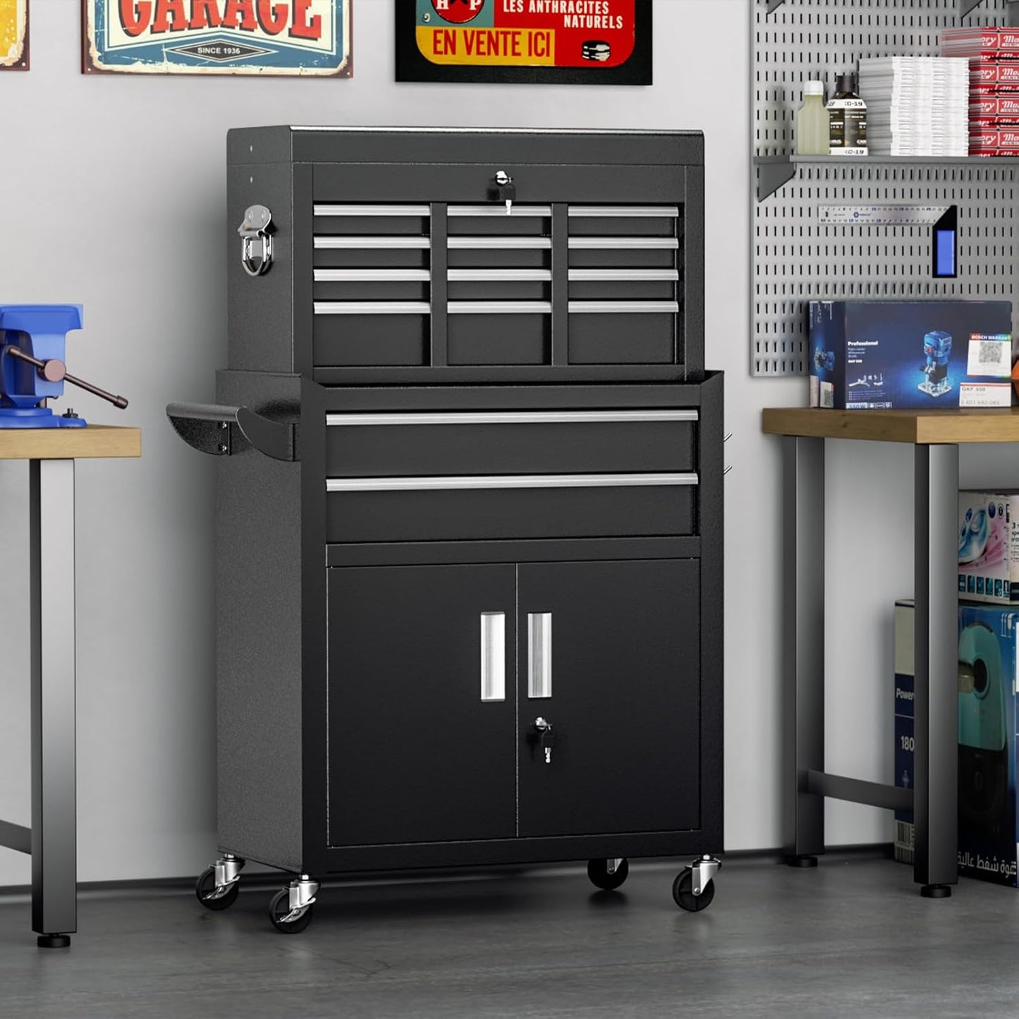 8-Drawer Rolling Tool Chest with Lock, Detachable Tool Cabinet Cart with Wheels, High-Capacity Mechanic Tool Organizer for Garage Workshop Warehouse Storage​