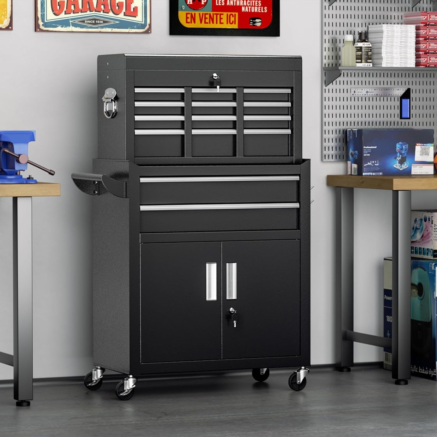 8-Drawer Rolling Tool Chest with Lock, Detachable Tool Cabinet Cart with Wheels, High-Capacity Mechanic Tool Organizer for Garage Workshop Warehouse Storage​