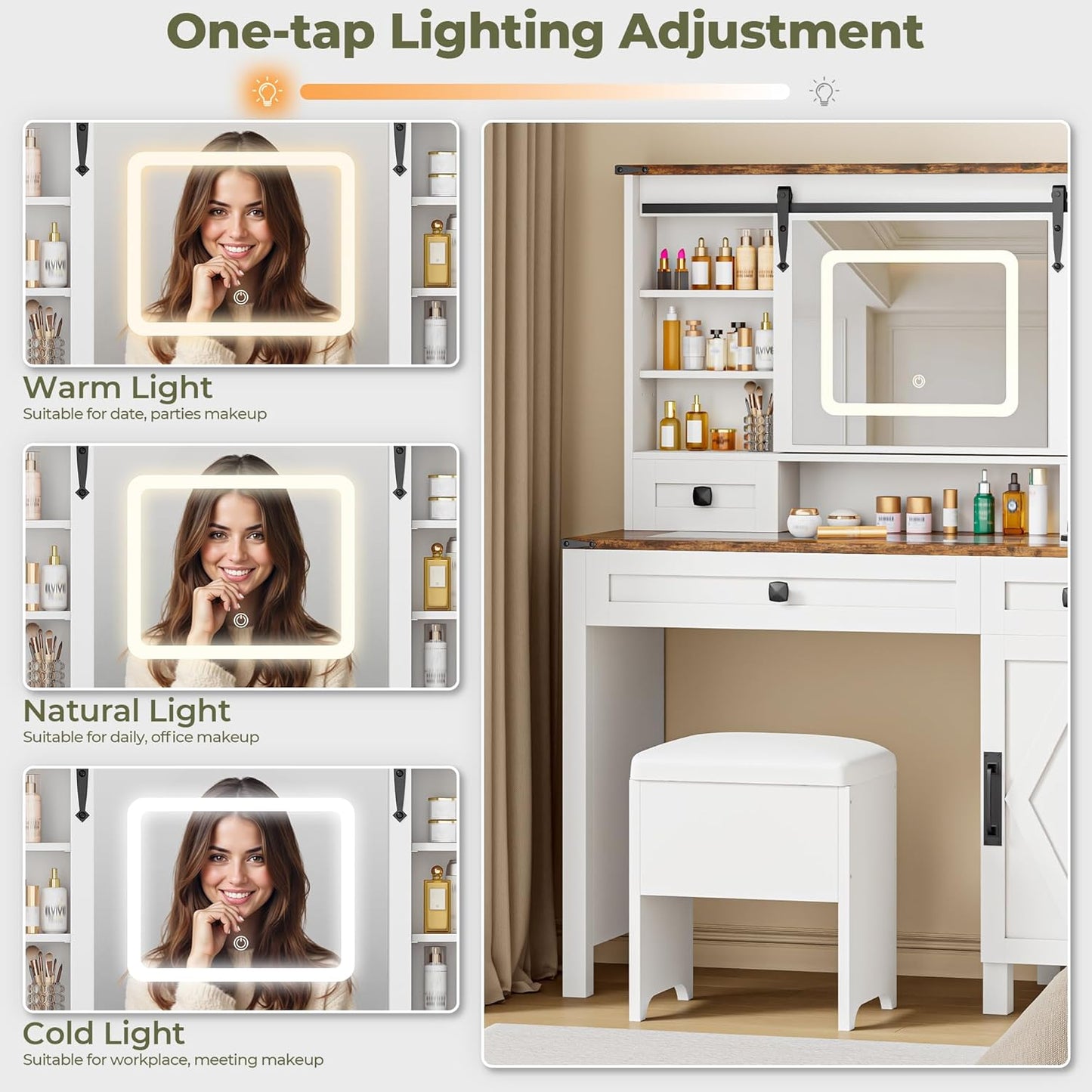 Farmhouse Vanity Desk with Sliding Mirror & Lights, Glass Top Makeup Vanity Table with Power Outlet, 3 Color Lighting Modes, 4 Drawers & Storage Cabinet, Includes Cushioned Stool for Bedroom