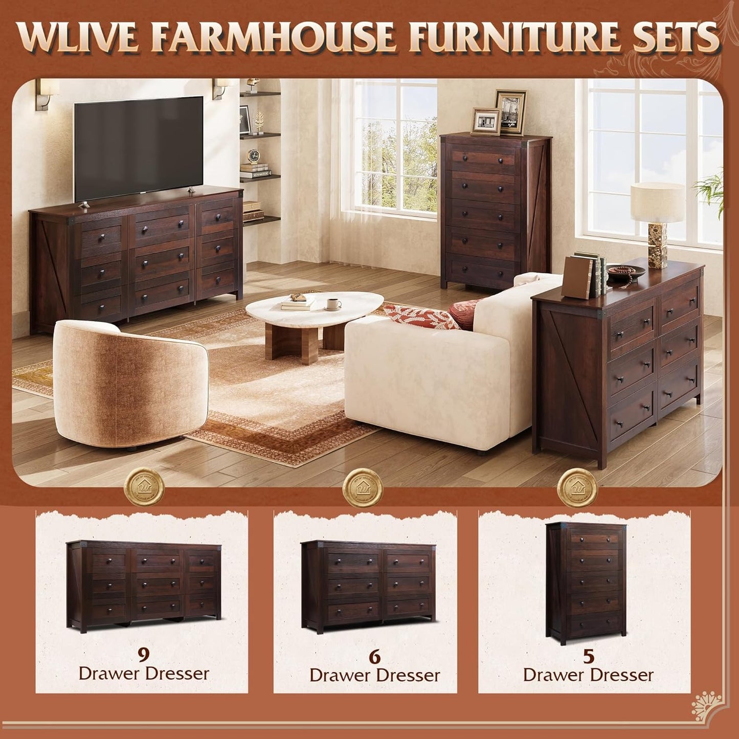 Farmhouse 6 Drawer Dresser for Bedroom, 53.07'' Wide Wood Dresser, Storage Organizer with Double Rustic Handle, TV Stand for 60 Inch TV, Chest of Drawers for Living Room, Hallway, Brown