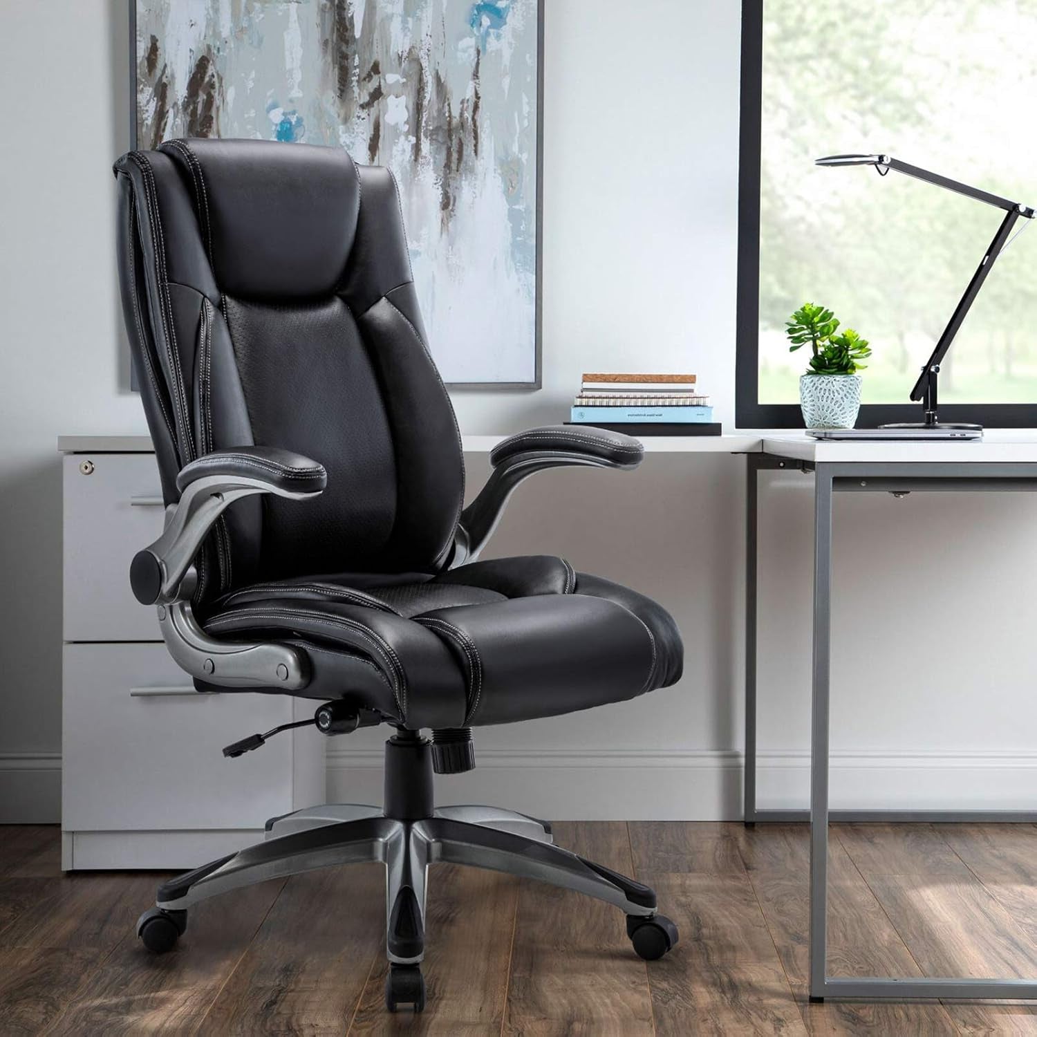 Executive Office Ergonomic Chair with Thick Bonded Leather, Flip-Up Armrests, High Back Adjustable Height and Tilt for Working, Study, Gaming