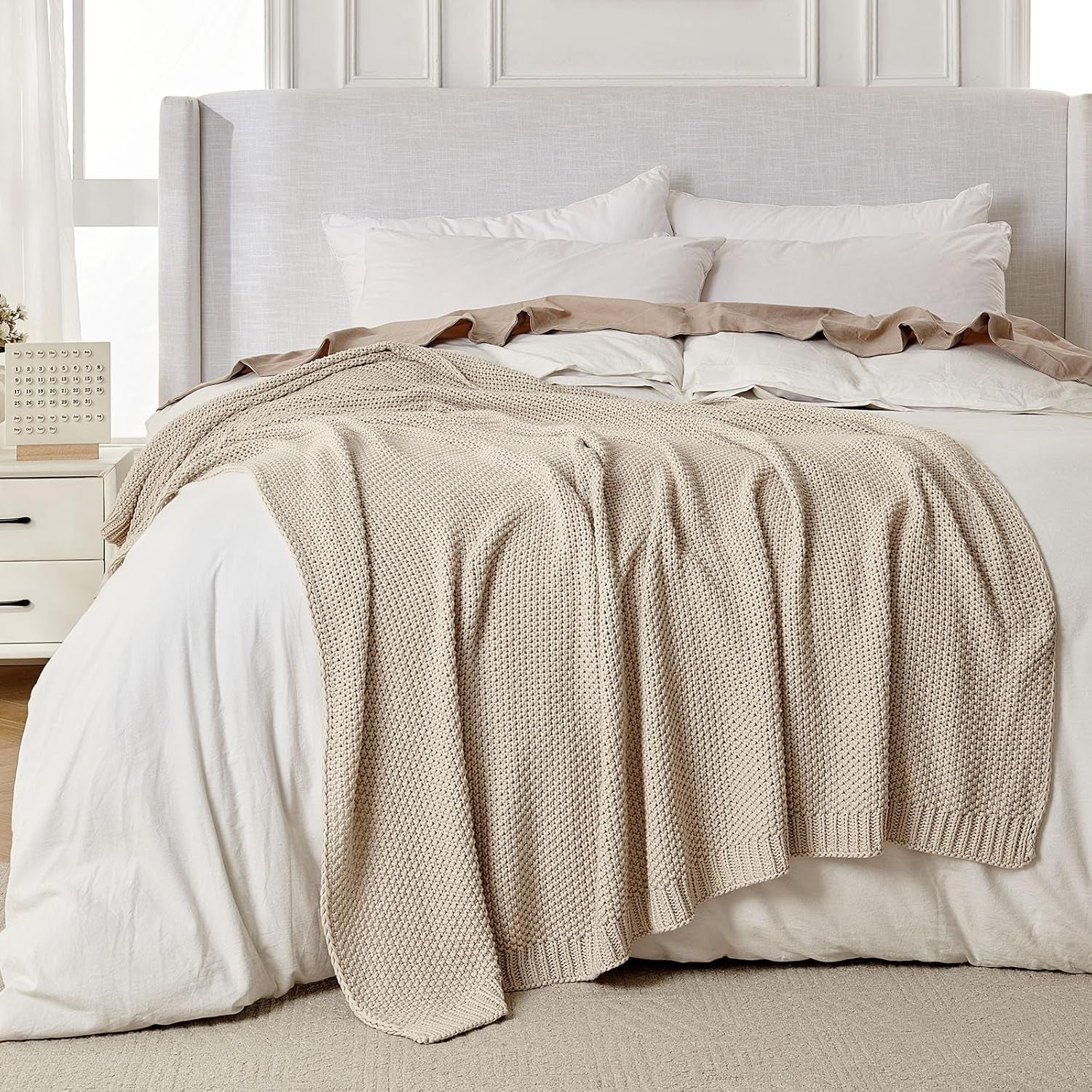 Chunky Cable Knit Throw Blanket, Lightweight 100% Organic Cotton Soft Cozy Throw Twin Blanket for Couch Bed and Sofa, Rustic Breathable Farmhouse Blanket Gift for Women Men(Beige, 51"X63")