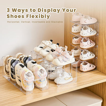 Clear Acrylic Kids Shoe Rack for Closet Organizers and Storage | 2 Pack Small Shoe Rack 4 Sections Toddler Baby Shoe Storage Organizer Stackable Shoe Shelf, Desk File Sorter Book Purse Organizer