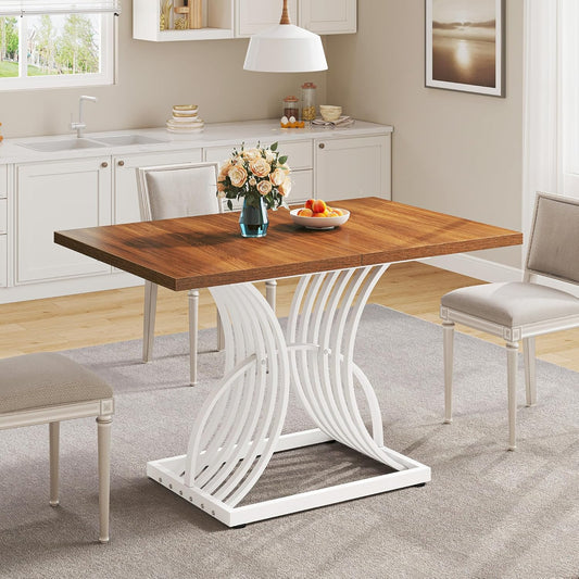 Modern Dining Table for 4 People 47 Inch Rectangular Kitchen Table with Walnut Tabletop and White Geometric Legs Small Dinner Table Kitchen & Dining Room Furniture Brown