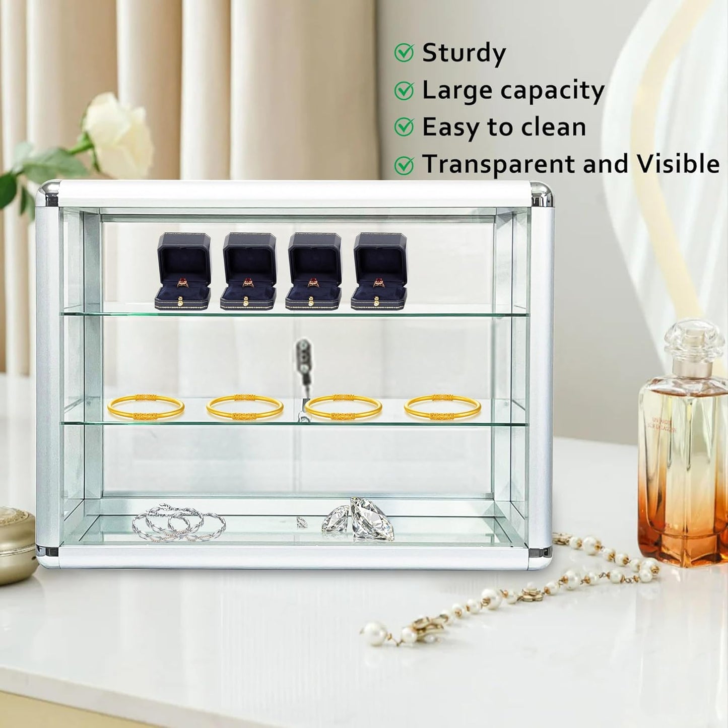 Aluminum Display Showcase with Removable Glass Shelves, Tempered Counter Top Glass Case with Lock and Key (Silver, 24" L X 12" D X 18" H)