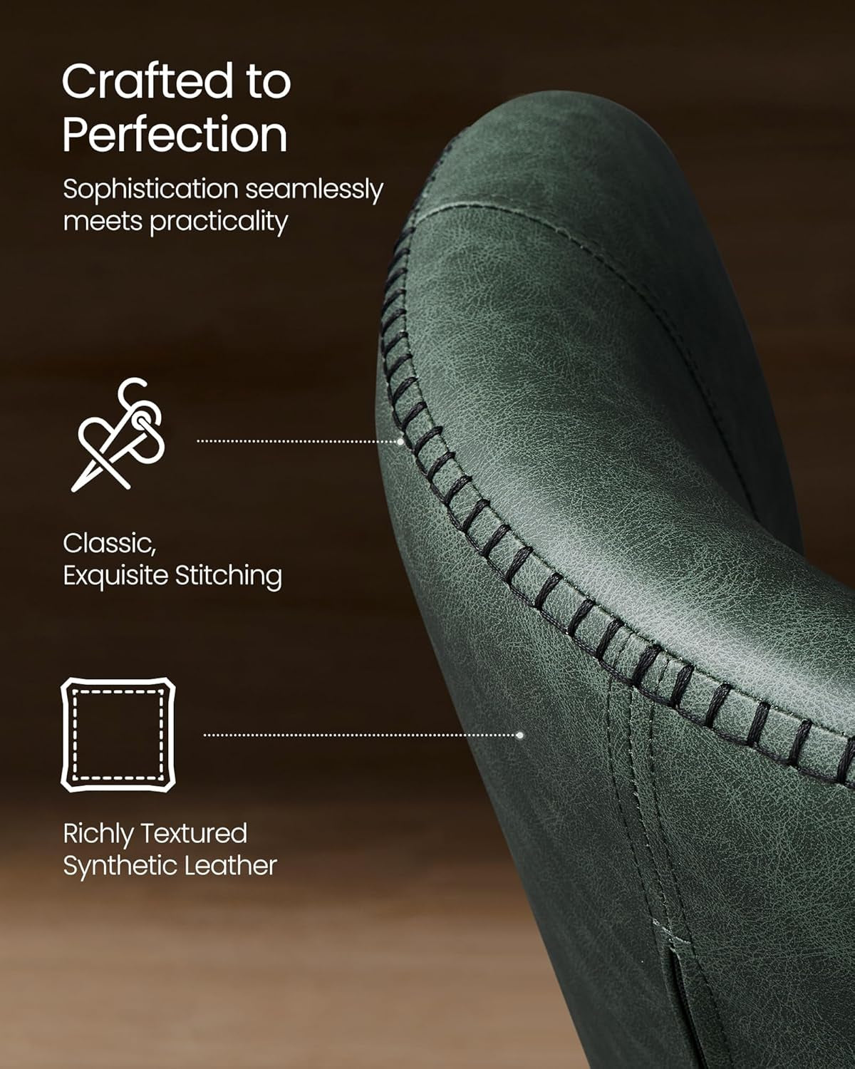 EKHO Collection - Dining Chairs Set of 2, Upholstered Kitchen Chairs, Comfortable Seat, Synthetic Leather with Stitching, Mid-Century Modern, Easy Assembly, Living Room Lounge, Forest Green