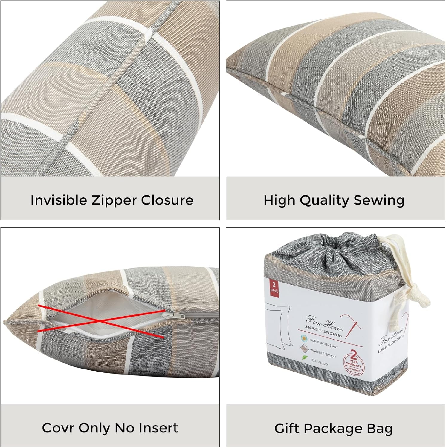 Waterproof Outdoor Lumbar Pillow Covers Set of 2,Home Decor for Garden Patio Furniture,Couch,Sofa 12"X20" Inch Decorative Pillows Cover Only,No Insert(Gray Stripe)