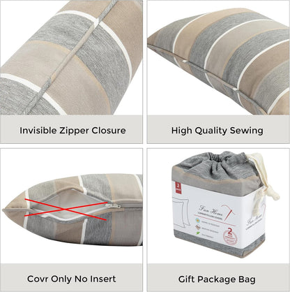 Waterproof Outdoor Lumbar Pillow Covers Set of 2,Home Decor for Garden Patio Furniture,Couch,Sofa 12"X20" Inch Decorative Pillows Cover Only,No Insert(Gray Stripe)