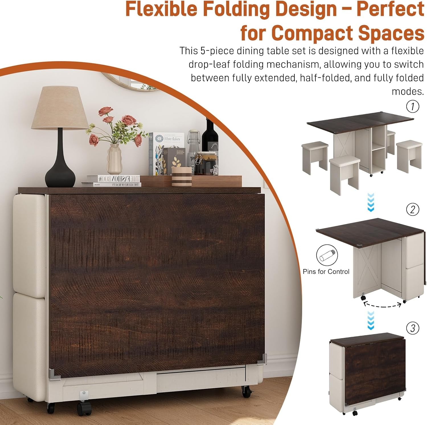 5 PCS Farmhouse Dining Table Set for 4,60" Large Folding Dining Table Set W/ 4 Leather Chairs, Drop Leaf Foldable Kitchen Table for Small Spaces,Barn Door Design,6 Wheels,2-Layer Storage Shelf,Brown