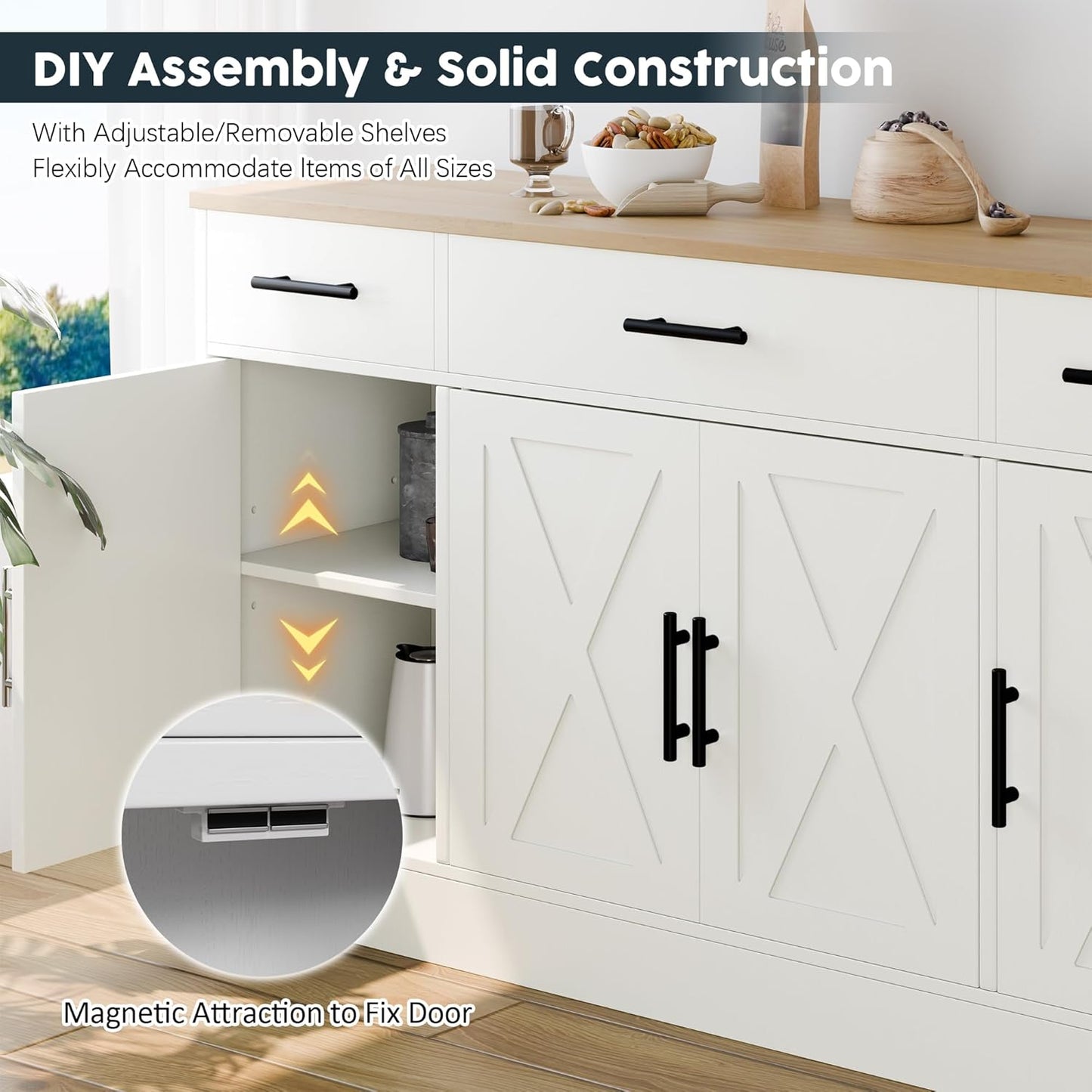 Buffet Cabinet with Storage, Farmhouse Storage Cabinet with 4 Doors and 3 Drawers, Wood Buffet Table with Adjustable Shelf for Living Room, White