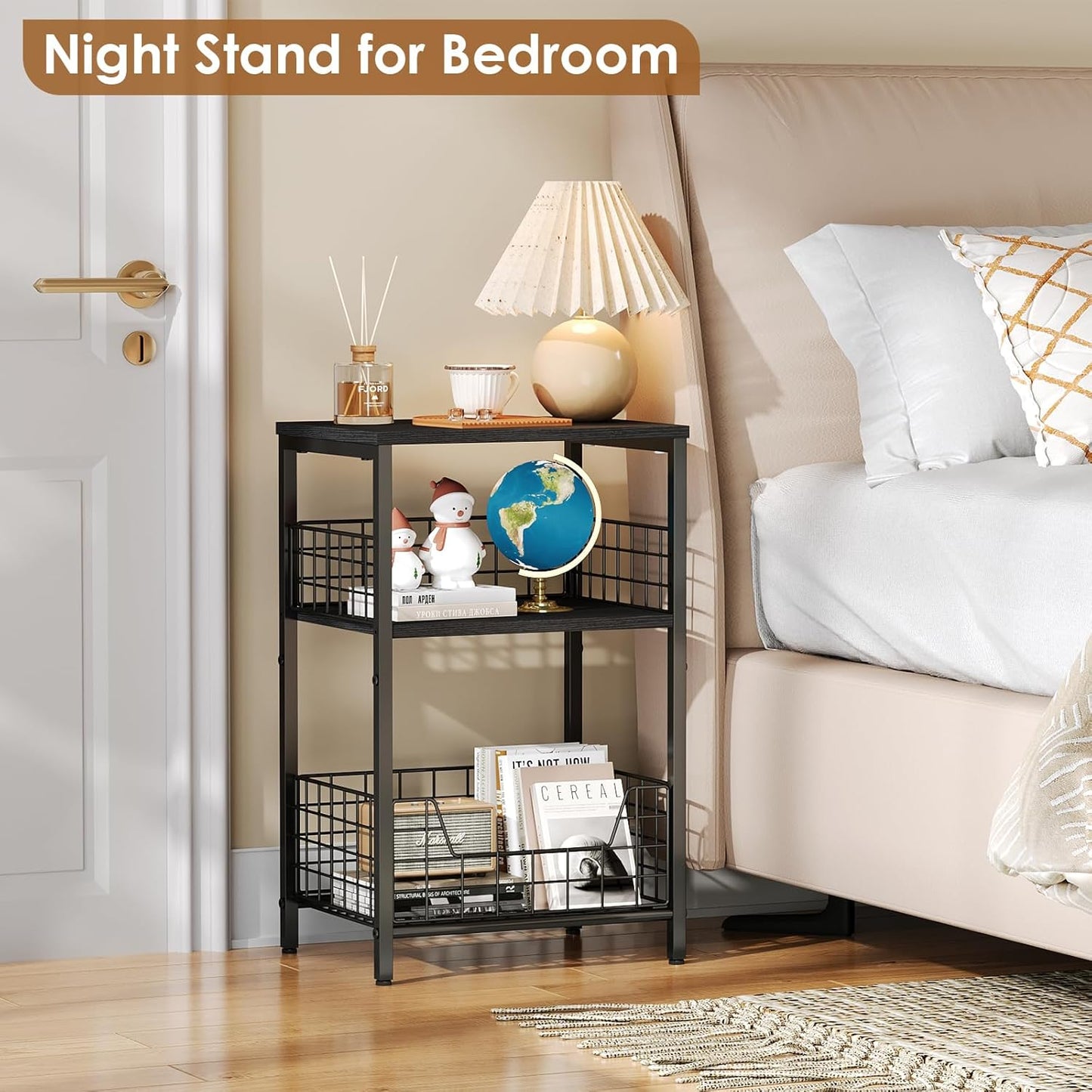 Side Table, Small End Table Record Player Stand with Storage, Vinyl Record Storage Night Stand for Living Room, Bedroom,Office(Patent Pending)(Black)