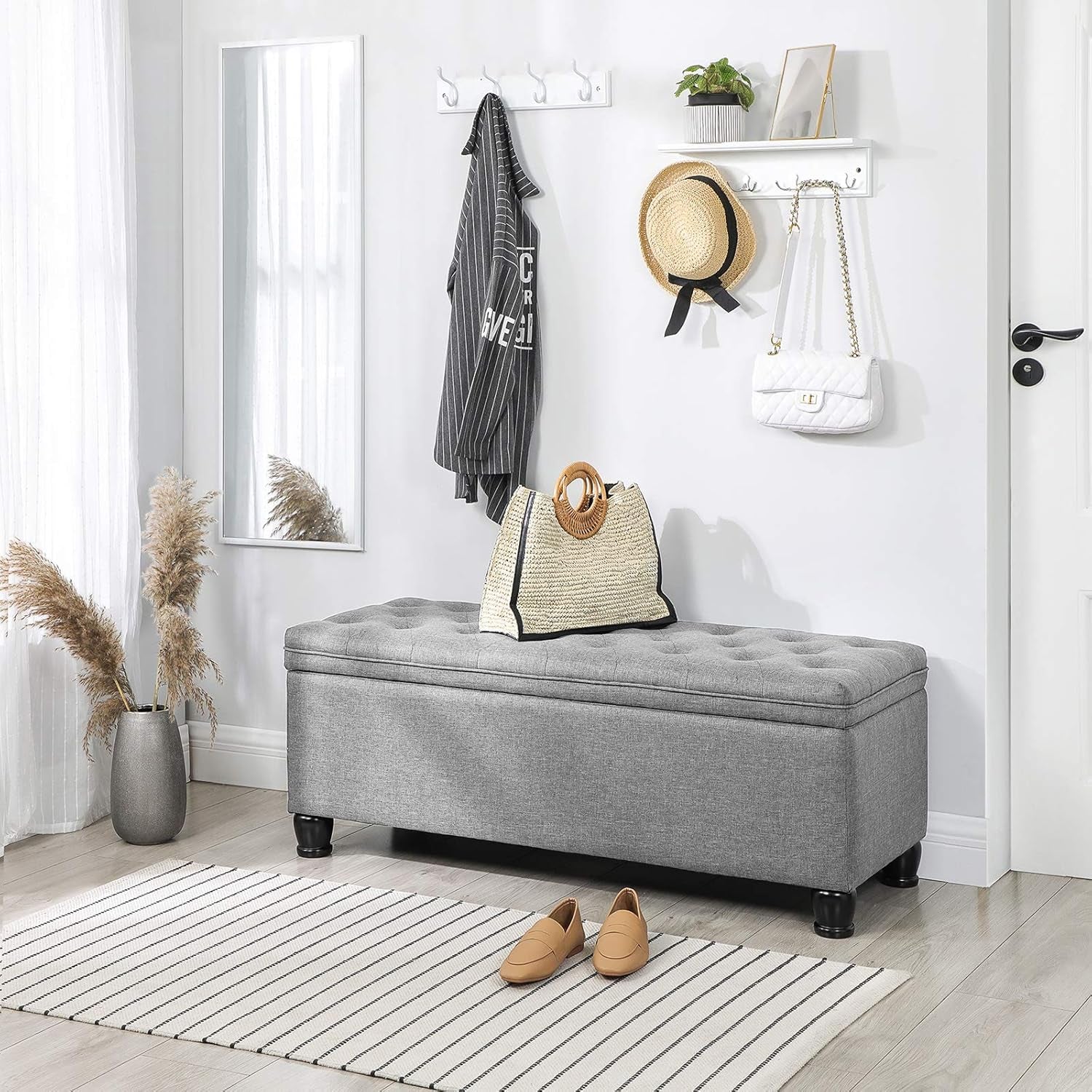 Storage Ottoman, Storage Bench, Tufted Entryway Bedroom Bench, 17.7 X 46.5 X 17.7 Inches, Hinges Easy Lid Operation, Wooden Legs, Linen-Look Cover, Loads 330 Lb, Light Gray ULOM070G02