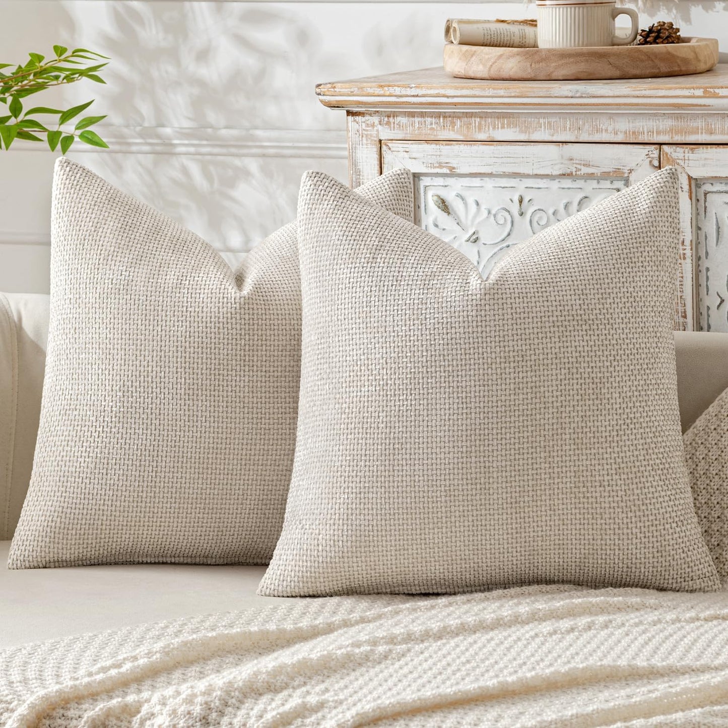 Pack of 2 Couch Throw Pillow Covers 18X18 Inch Neutral Beige Modern Boho Accent Decorative Pillow Covers Soft Chenille Farmhouse Cushion Covers for Home Decor Bed Sofa Living Room