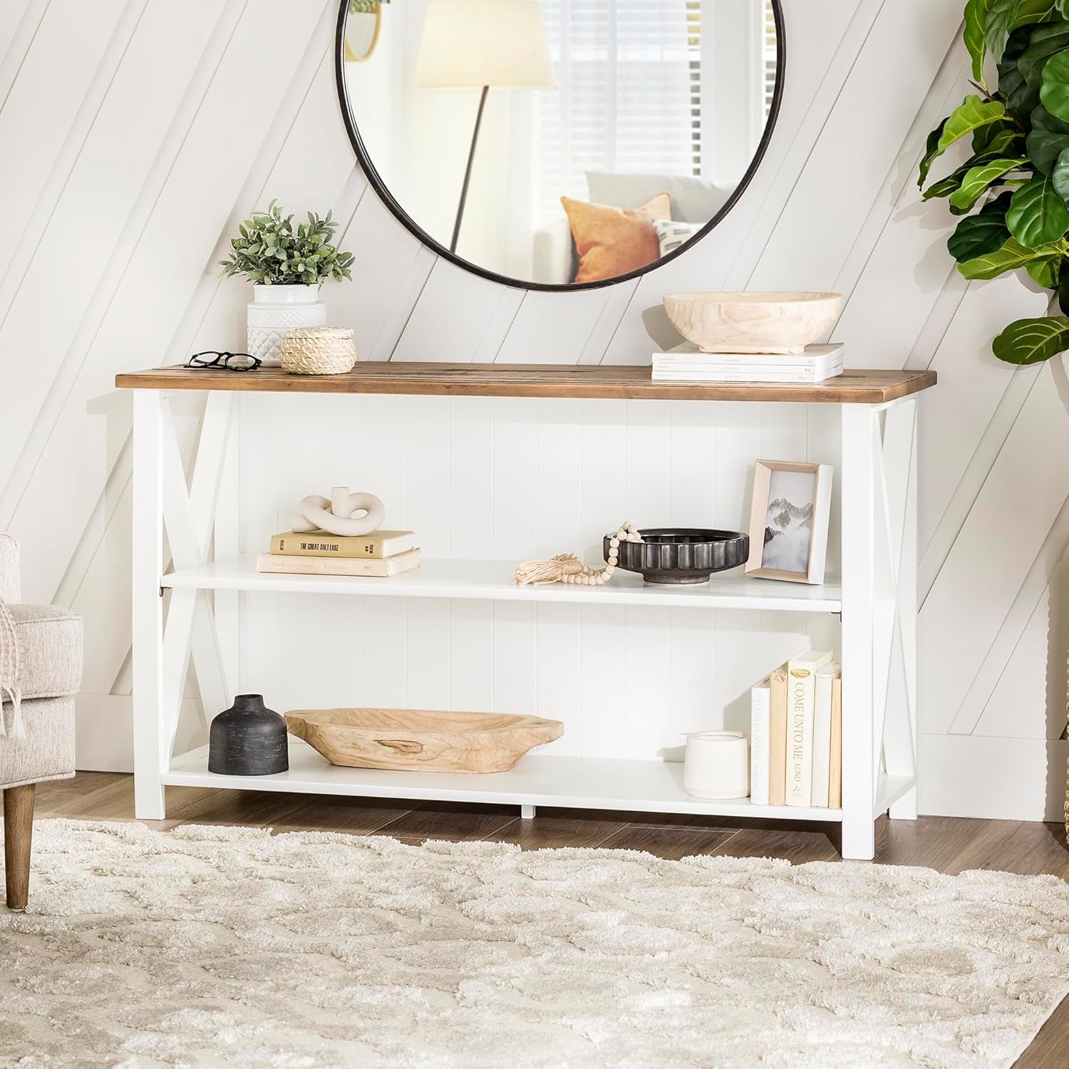 2 Tier Modern Farmhouse Wood Bookcase Bookshelf Storage Home Office Storage Cabinet, 52 Inch, White