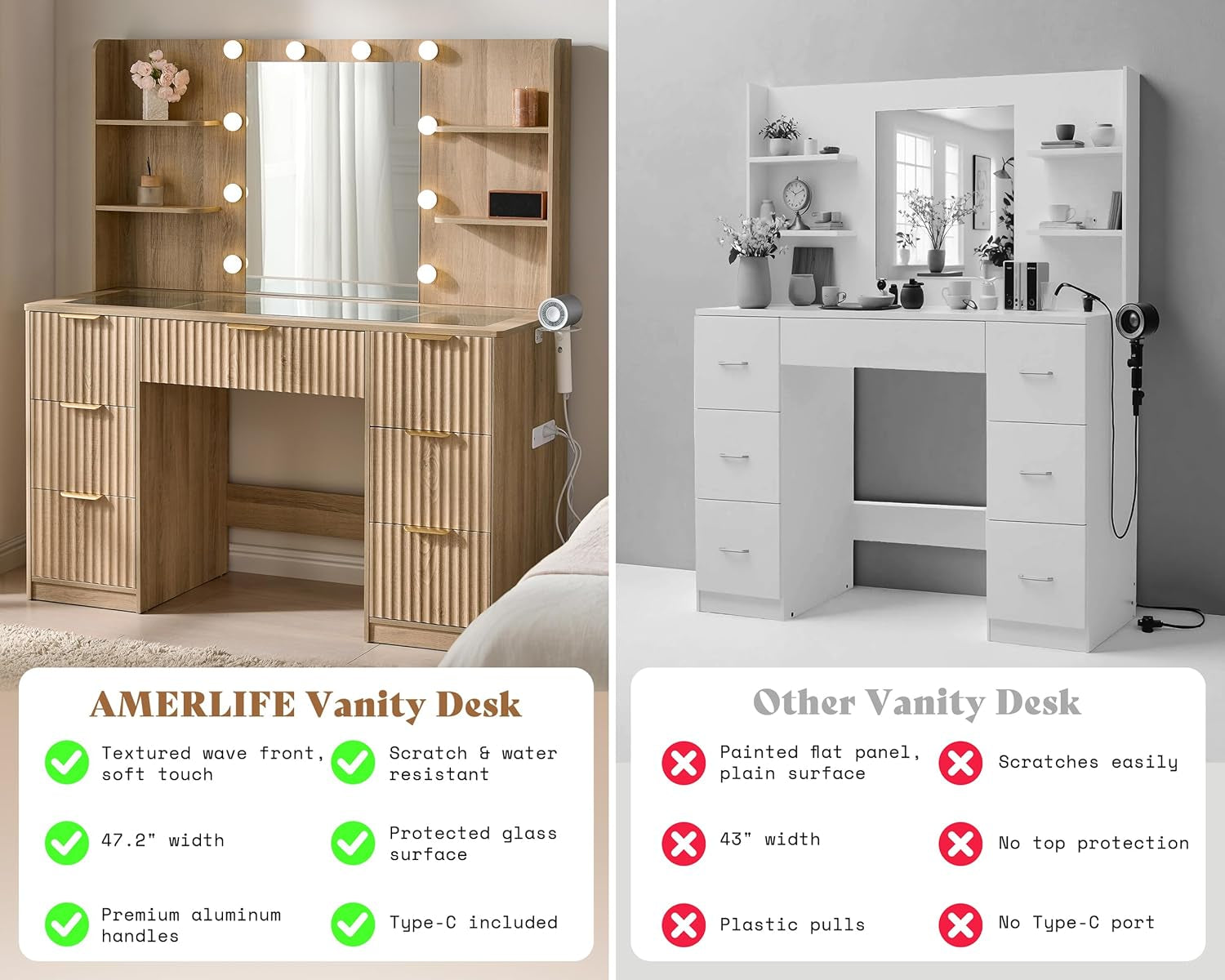 47.2" Fluted Vanity Desk with Mirror and Adjustable LED Lights, Large 7 Drawers Makeup Vanity Table with Glass Top and Charging Station for Women and Girls, Bedroom or Dorm, Natural Oak