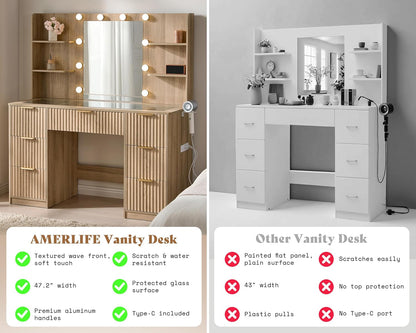 47.2" Fluted Vanity Desk with Mirror and Adjustable LED Lights, Large 7 Drawers Makeup Vanity Table with Glass Top and Charging Station for Women and Girls, Bedroom or Dorm, Natural Oak