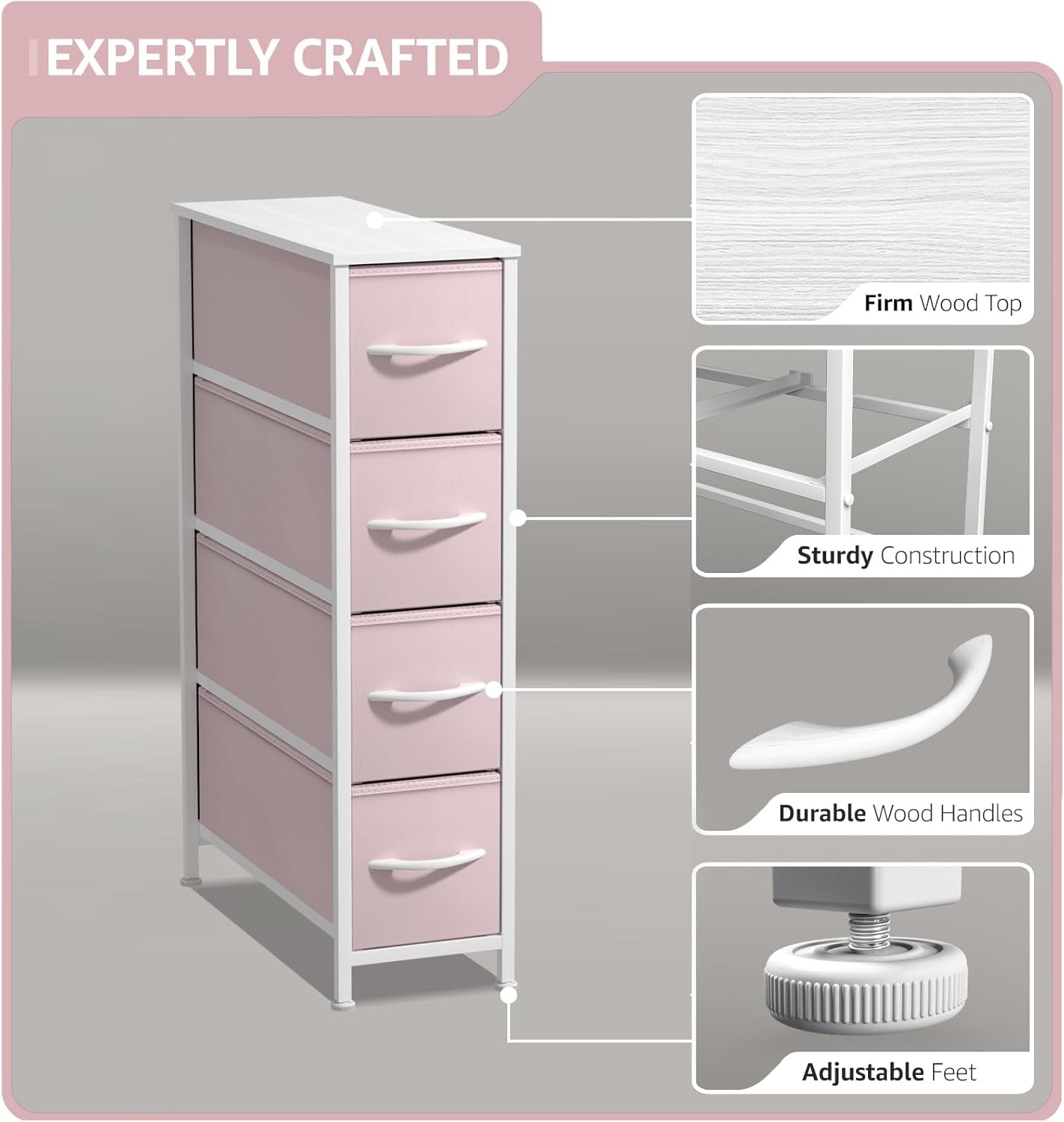 Kids Narrow Dresser with 4 Drawers - Vertical Slim Storage Chest of Drawers with Steel Frame, Wood Top & Easy Pull Fabric Bins for Small Spaces, Closets, Bedroom, Bathroom & Laundry