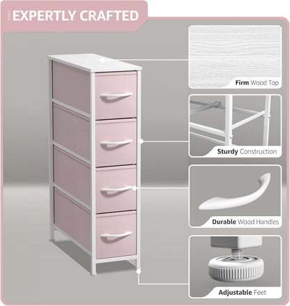 Kids Narrow Dresser with 4 Drawers - Vertical Slim Storage Chest of Drawers with Steel Frame, Wood Top & Easy Pull Fabric Bins for Small Spaces, Closets, Bedroom, Bathroom & Laundry