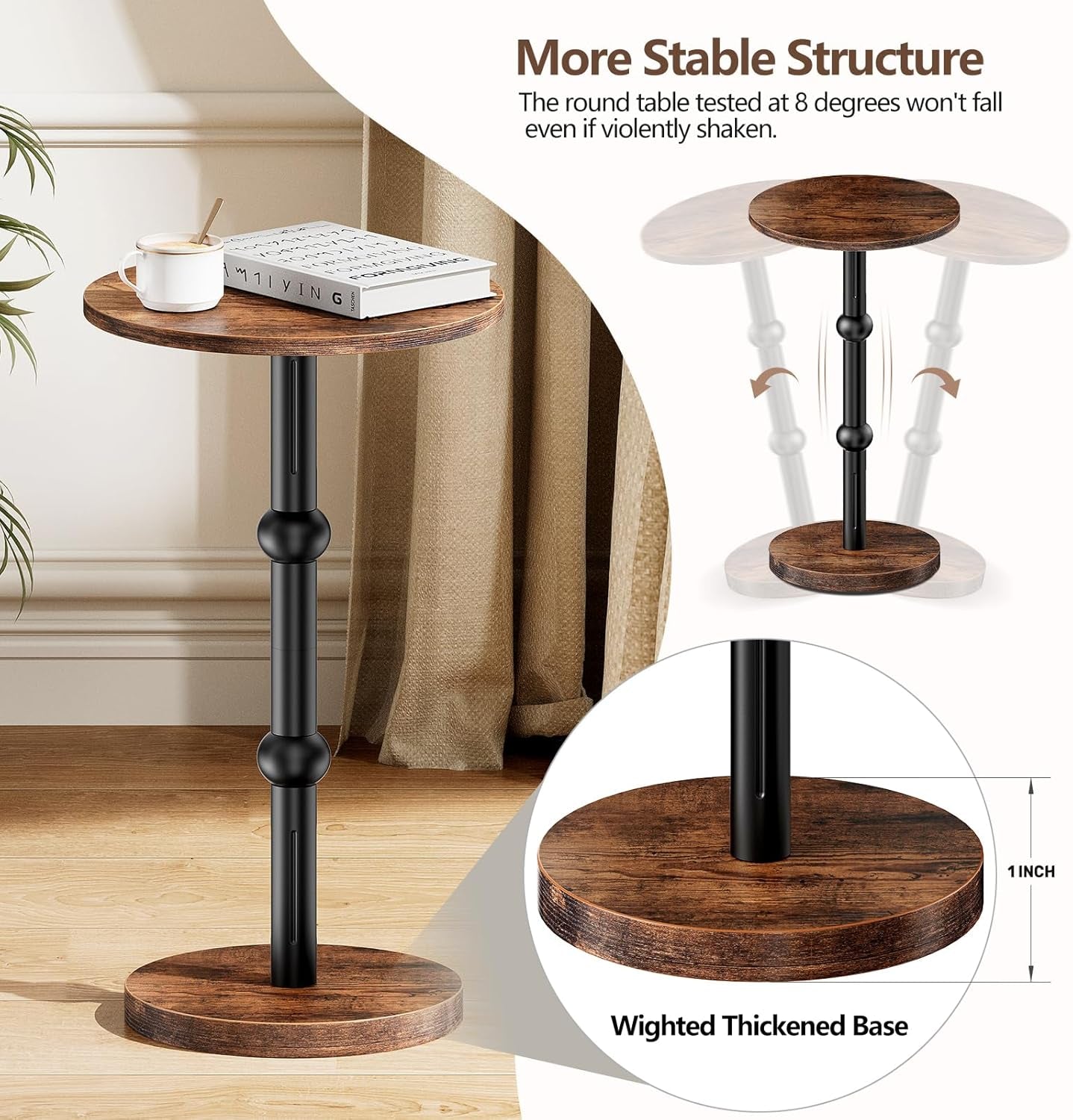 Drink Table, Small round Side Table for Small Spaces, Modern Accent round End Tables with Metal Leg, Thickened Wood Pedestal Coffee Tables for Living Room, Bedroom, Narrow Corners,Sofa Couch