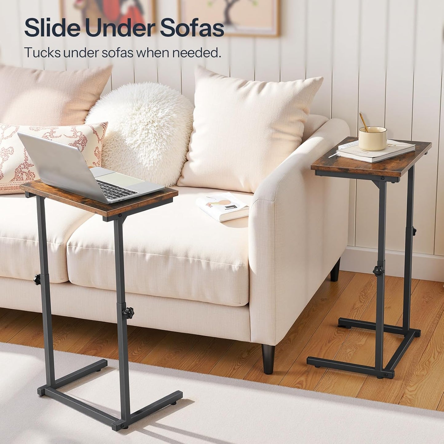C Shaped End Table, Adjustable Height Side Table for Sofa, Couch Table for Small Space, Slide under Small Tray Side Table for Living Room, Bedroom, Rustic Brown and Black BF71SF01