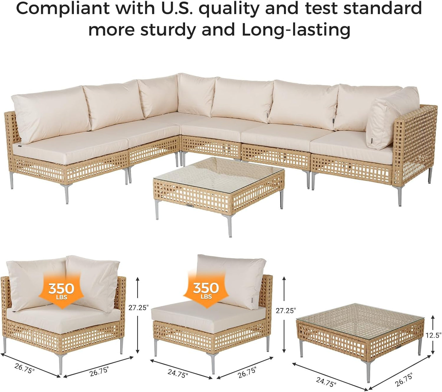 7-Piece Wicker Patio Furniture Set, Boho Outdoor Conversation Set Sectional Sofa with Water Resistant Thick Cushions and Coffee Table, Cream