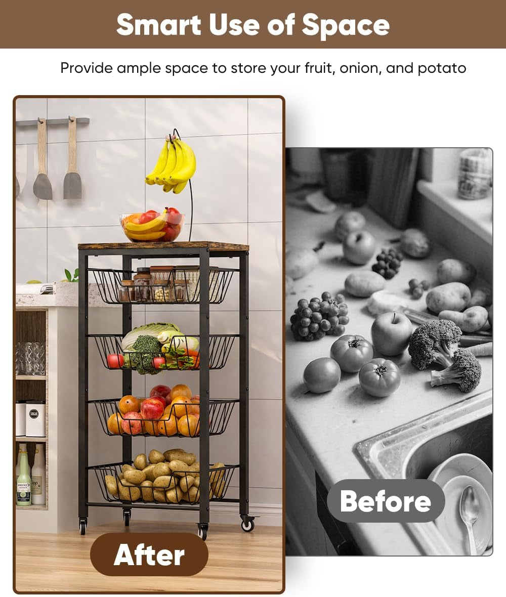 Fruit Vegetable Storage Cart for Kitchen, 5-Tier Vegetable Stand Rack with Pull-Out Fruit Baskets, Rolling Snack Cart with Wood Top & Banana Holder for Pantry, Living Room, Bathroom, Black