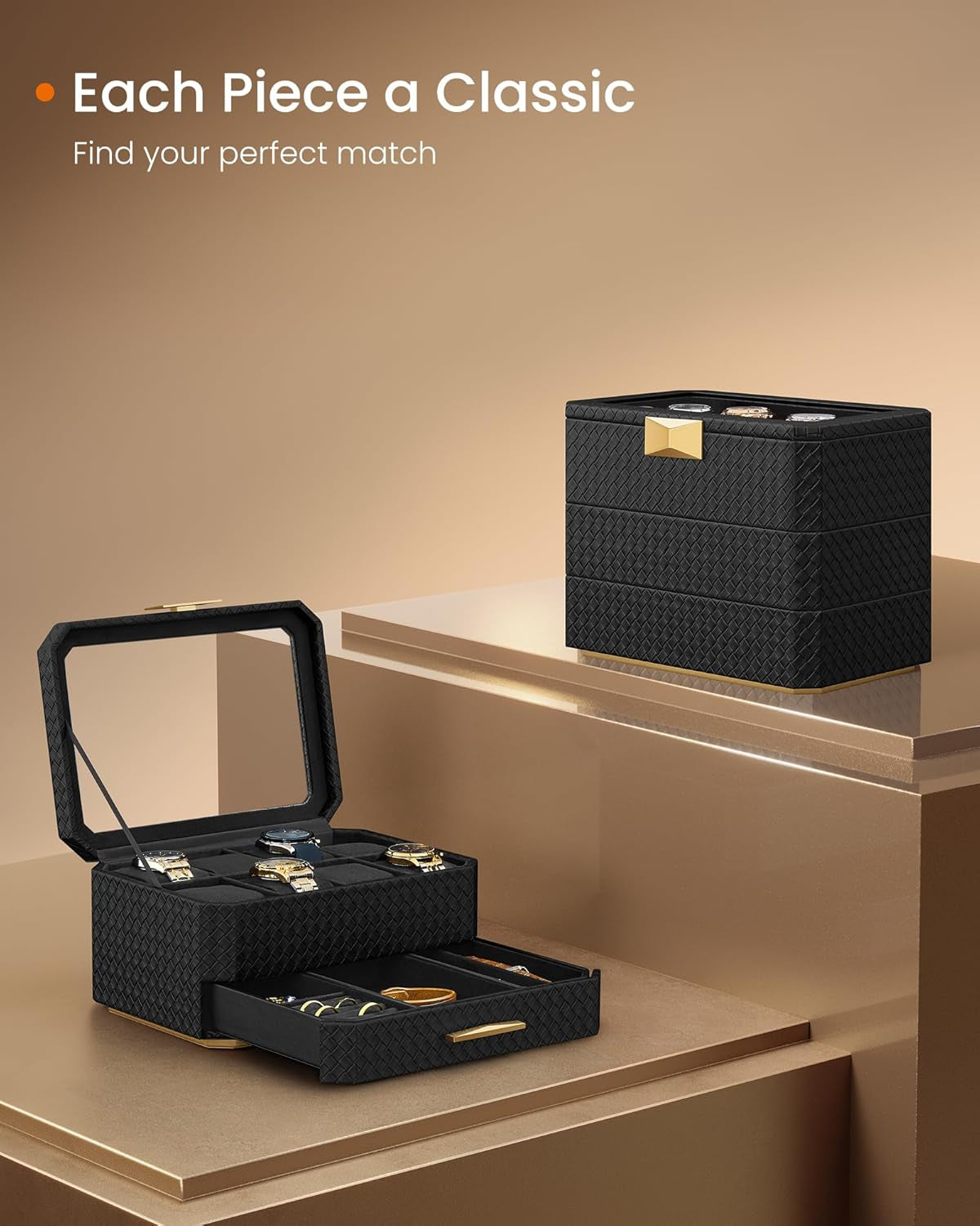 HOME RONNE Collection - 3-Tier Watch Box, Stackable 8-Slot Watch Case, Woven Embossed PU Leather, Floating Effect, Gift Idea, Ink Black Surface, Ink Black Lining UJWB021B01