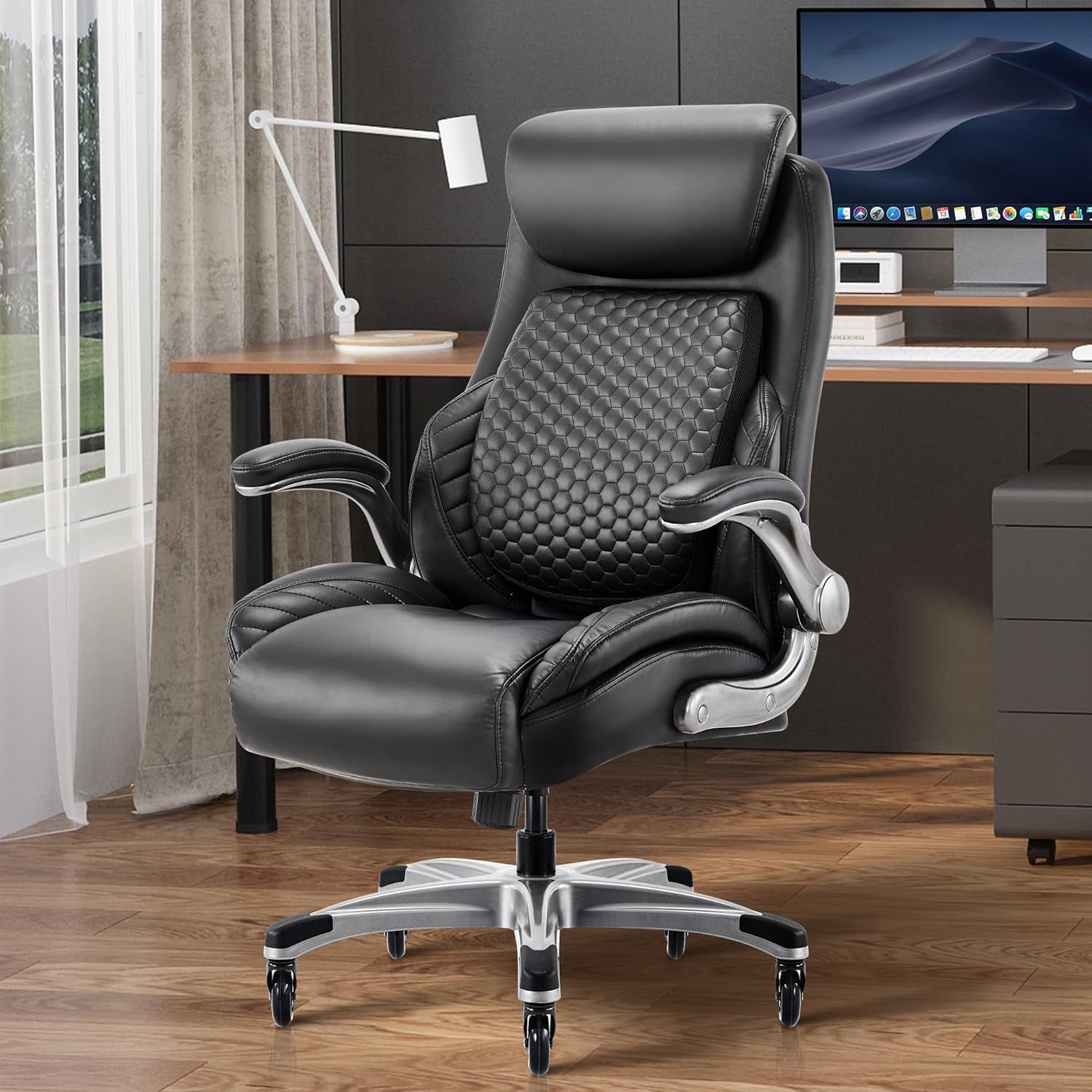 Office Ergonomic Desk High Back Executive Chair with Pop-Out Lumbar Support, Upgraded Casters, Adjustable Headrest, Flip-Up Arms, Leather Home with Thick Cushion for Comfort - Black