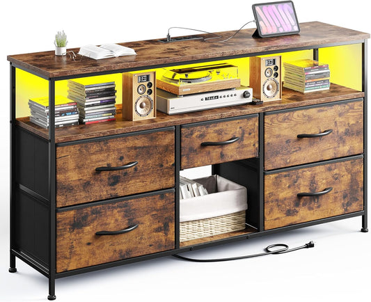TV Stand for 50" Inch TV, Entertainment Center with LED Lights & Power Outlets, 5 Drawers Dresser for Bedroom Dresser with Shelves for Living Room, Hallway, Rustic Brown
