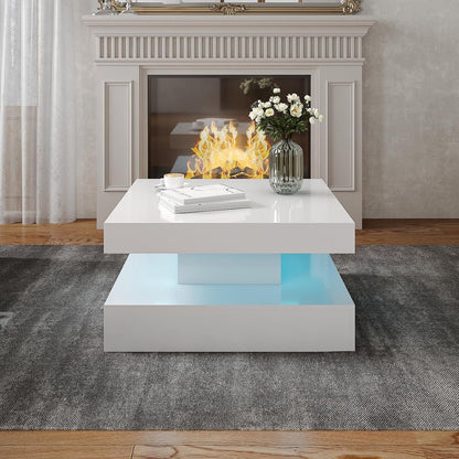 White LED Coffee Table for Living Room, 2-Tier Square Center Table Living Room Table, Modern High Glossy Contemporary Wood Coffee Tables with Storage, Suitable for Dining Reception