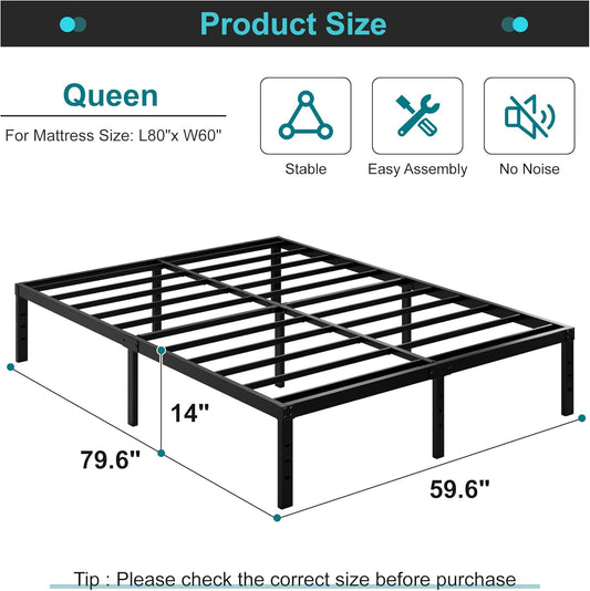 14 Inch Metal Bed Frame Queen Size No Box Spring Needed, Heavy Duty Platform Support up to 3000 Lbs, Easy Assembly, Noise Free, Black