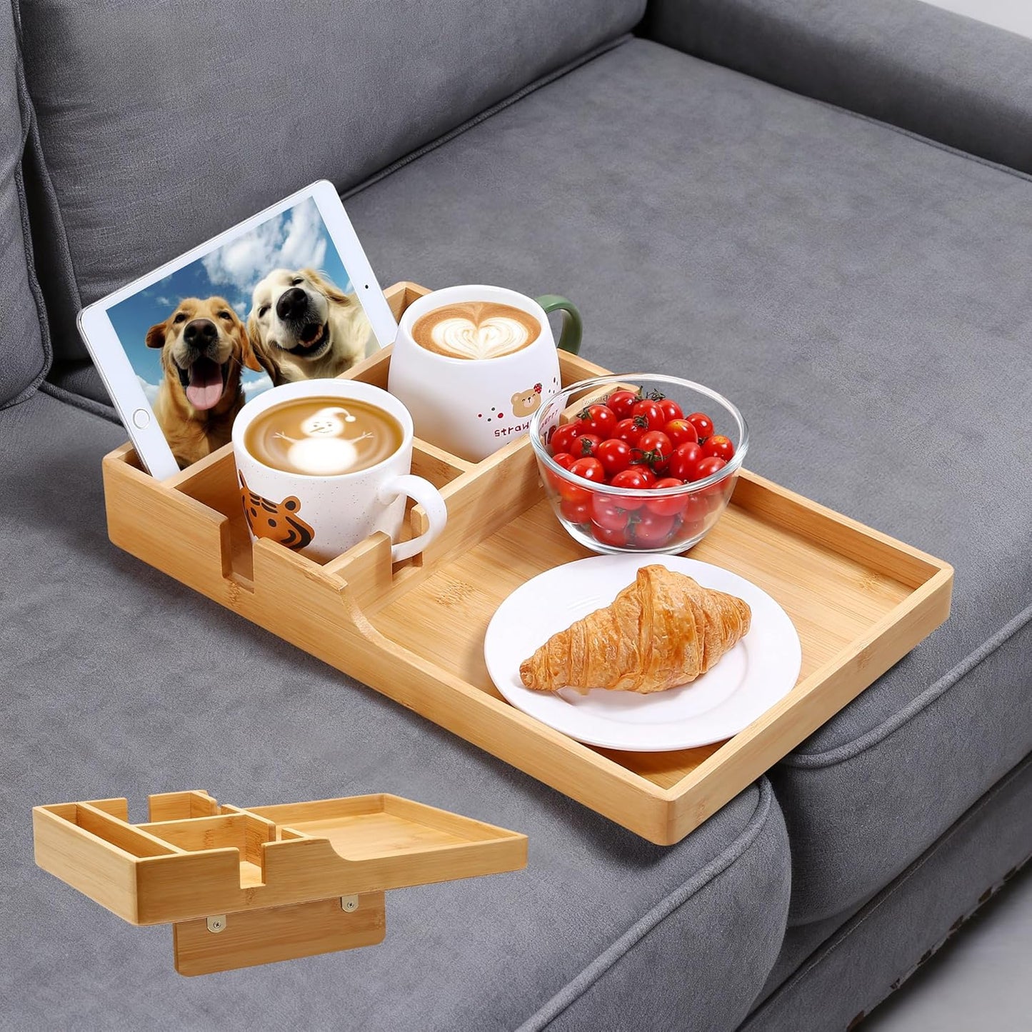 Couch Tray, 2-In-1 Insert & Flat Sofa Organizer Bamboo with 2 Cup Holders,Fits Seat Gaps or Ottomans,For Snacks, Drinks, Remotes,15.35X9.84-Inch
