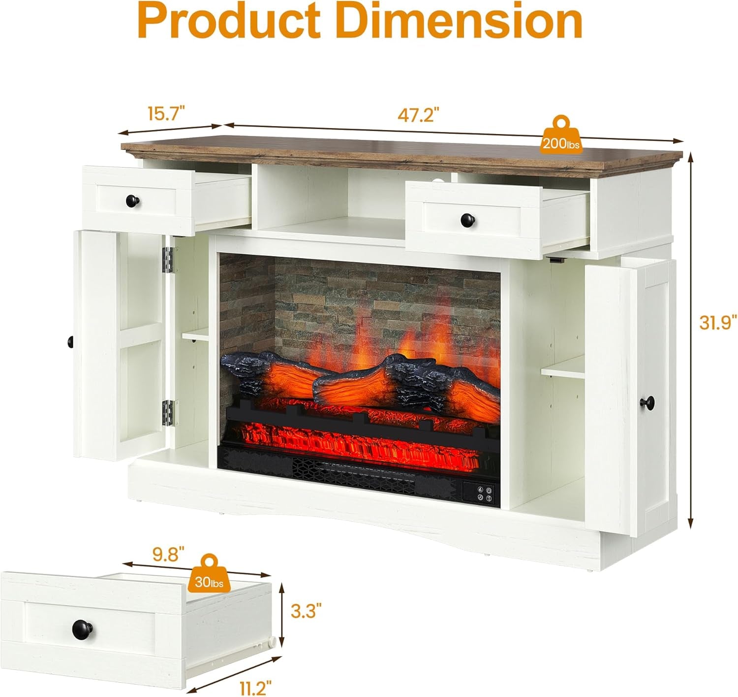 Fireplace TV Stands with for Tvs up to 55'', Media Console Table with Adjustable Shelves, Double-Door Design, Entertainment Center for Living Room, White and Rustic Oak