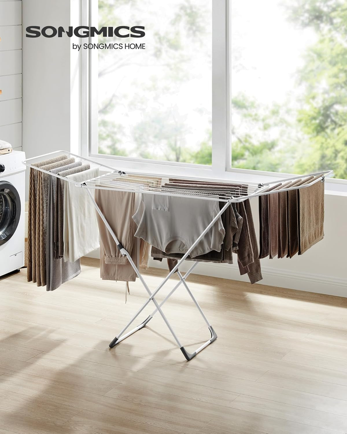 Clothes Drying Rack, Metal Laundry Drying Rack, Foldable, Space-Saving, Free-Standing Airer, with 2 Gullwings, Indoor Outdoor Use, Bed Linen Clothing, White ULLR540W01